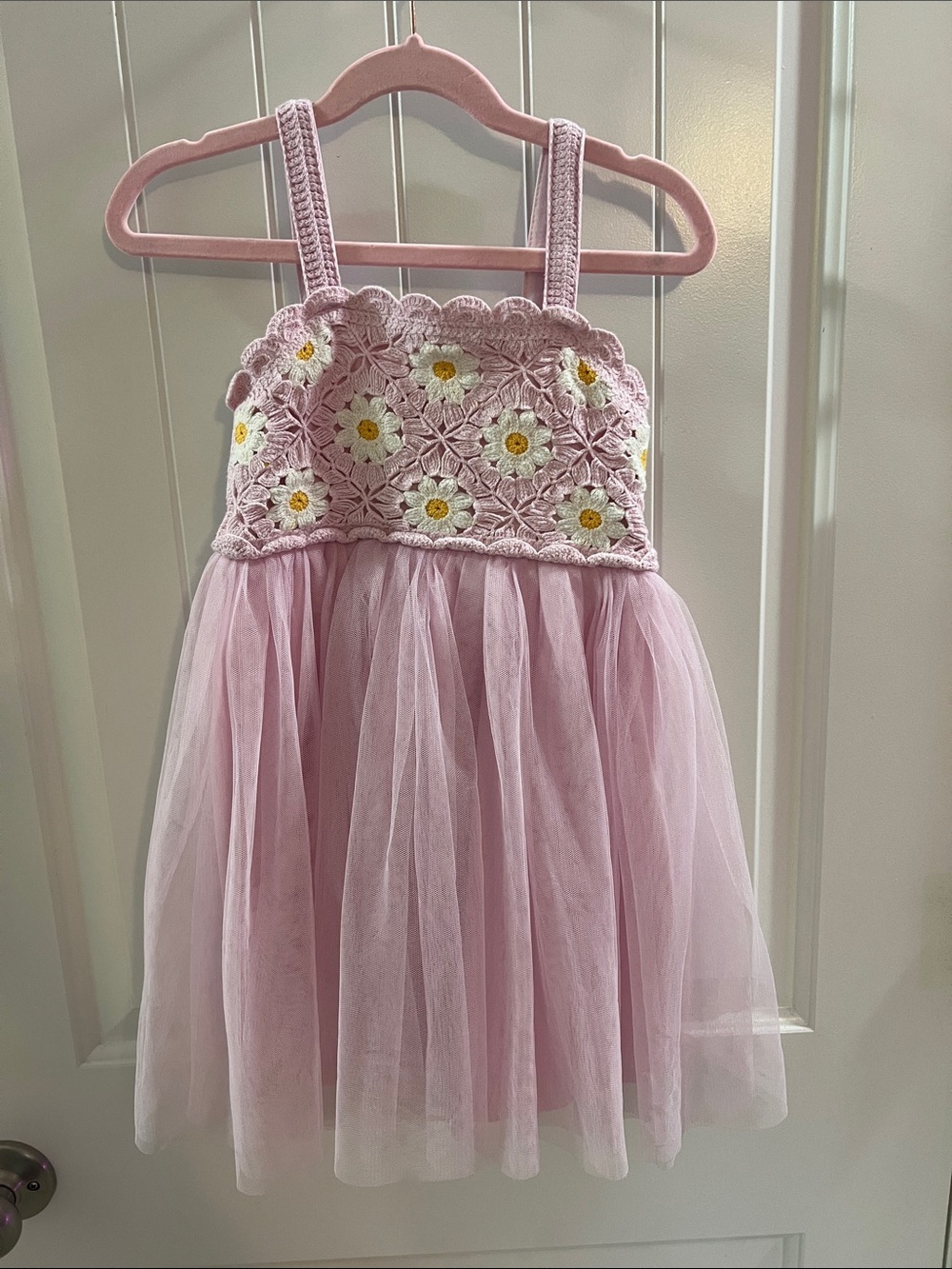 Girls Pink Daisy Crochet Tulle Dress